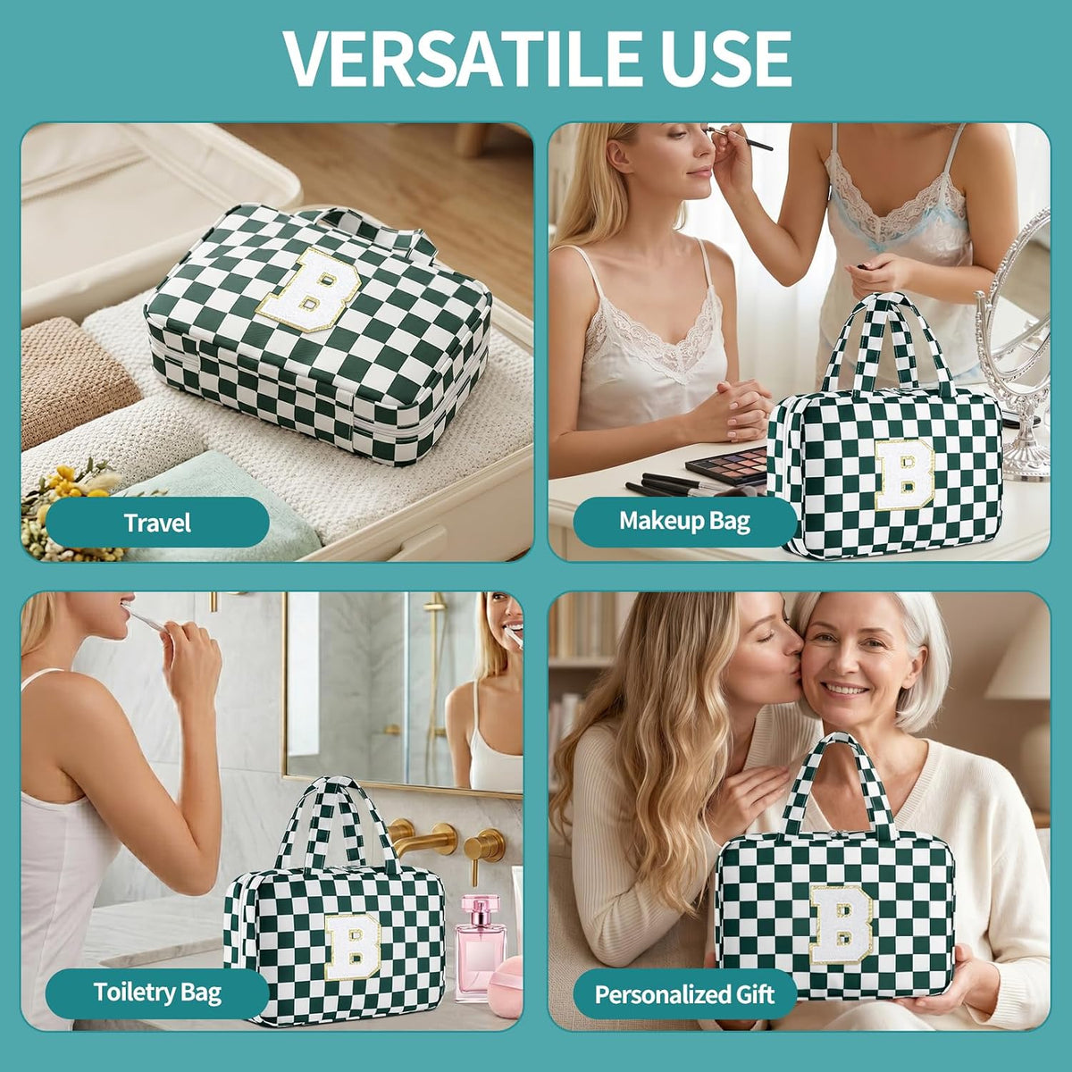 Personalized Initial Travel Hanging Toiletry Bag & Makeup Bag, Toiletry Pouch Organizer Bag for Travel Size Essentials, Cosmetics, Birthday Gifts for Women Teen Girls (Green Checkerboard, M)