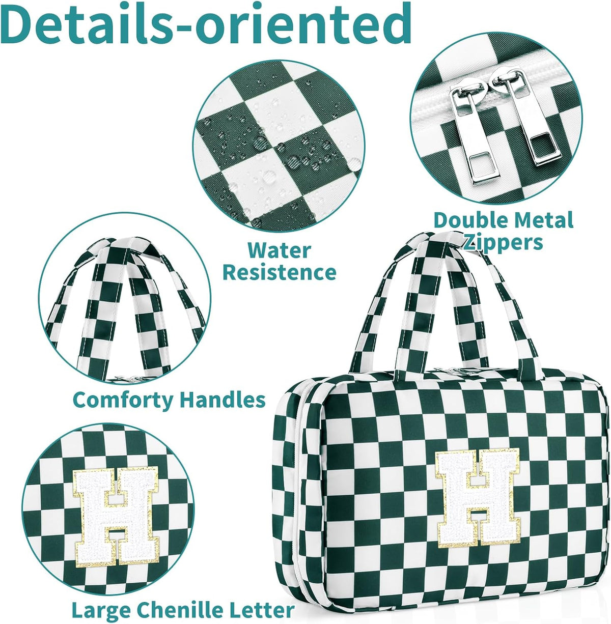Personalized Initial Travel Hanging Toiletry Bag & Makeup Bag, Toiletry Pouch Organizer Bag for Travel Size Essentials, Cosmetics, Birthday Gifts for Women Teen Girls (Green Checkerboard, M)