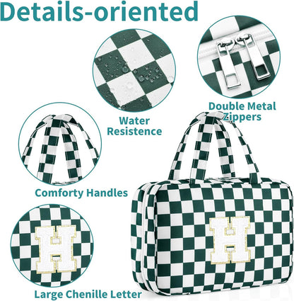 Personalized Initial Travel Hanging Toiletry Bag & Makeup Bag, Toiletry Pouch Organizer Bag for Travel Size Essentials, Cosmetics, Birthday Gifts for Women Teen Girls (Green Checkerboard, M)