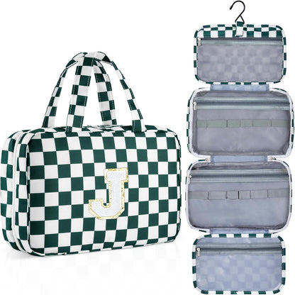Personalized Initial Travel Hanging Toiletry Bag & Makeup Bag, Toiletry Pouch Organizer Bag for Travel Size Essentials, Cosmetics, Birthday Gifts for Women Teen Girls (Green Checkerboard, M)