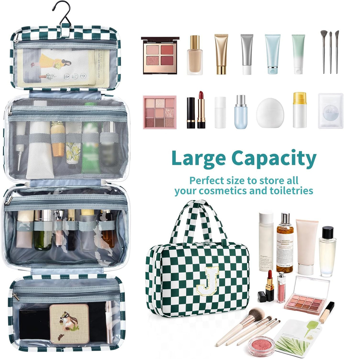 Personalized Initial Travel Hanging Toiletry Bag & Makeup Bag, Toiletry Pouch Organizer Bag for Travel Size Essentials, Cosmetics, Birthday Gifts for Women Teen Girls (Green Checkerboard, M)
