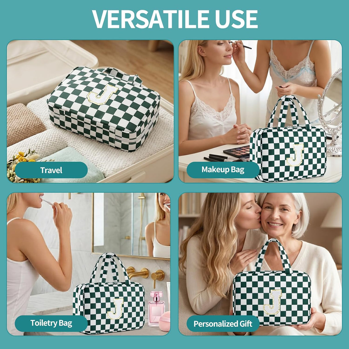 Personalized Initial Travel Hanging Toiletry Bag & Makeup Bag, Toiletry Pouch Organizer Bag for Travel Size Essentials, Cosmetics, Birthday Gifts for Women Teen Girls (Green Checkerboard, M)