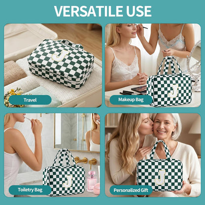 Personalized Initial Travel Hanging Toiletry Bag & Makeup Bag, Toiletry Pouch Organizer Bag for Travel Size Essentials, Cosmetics, Birthday Gifts for Women Teen Girls (Green Checkerboard, M)