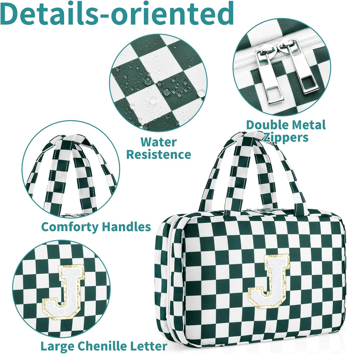 Personalized Initial Travel Hanging Toiletry Bag & Makeup Bag, Toiletry Pouch Organizer Bag for Travel Size Essentials, Cosmetics, Birthday Gifts for Women Teen Girls (Green Checkerboard, M)