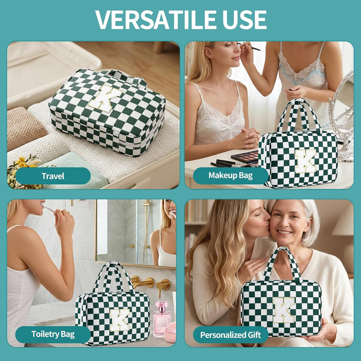 Personalized Initial Travel Hanging Toiletry Bag & Makeup Bag, Toiletry Pouch Organizer Bag for Travel Size Essentials, Cosmetics, Birthday Gifts for Women Teen Girls (Green Checkerboard, M)