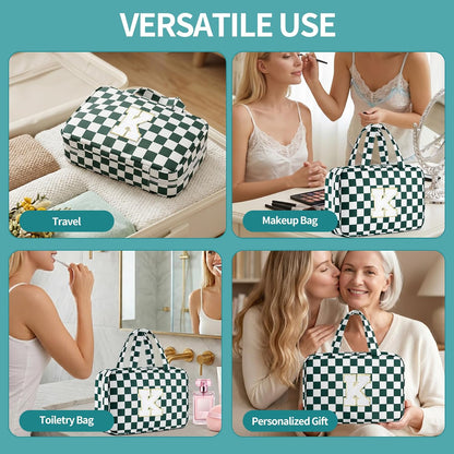 Personalized Initial Travel Hanging Toiletry Bag & Makeup Bag, Toiletry Pouch Organizer Bag for Travel Size Essentials, Cosmetics, Birthday Gifts for Women Teen Girls (Green Checkerboard, M)