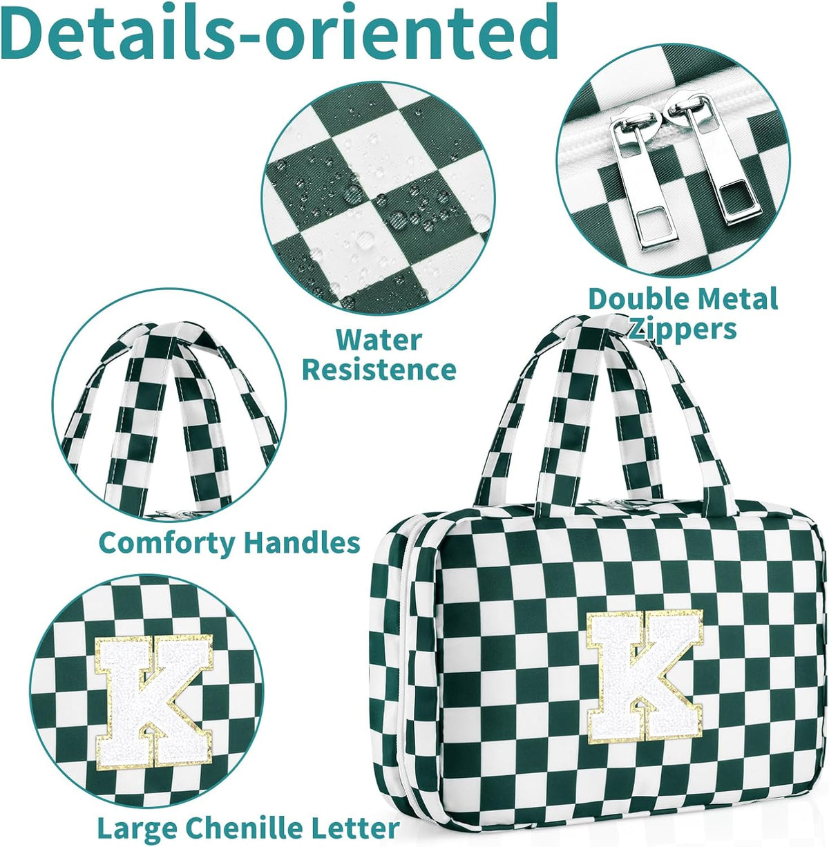 Personalized Initial Travel Hanging Toiletry Bag & Makeup Bag, Toiletry Pouch Organizer Bag for Travel Size Essentials, Cosmetics, Birthday Gifts for Women Teen Girls (Green Checkerboard, M)