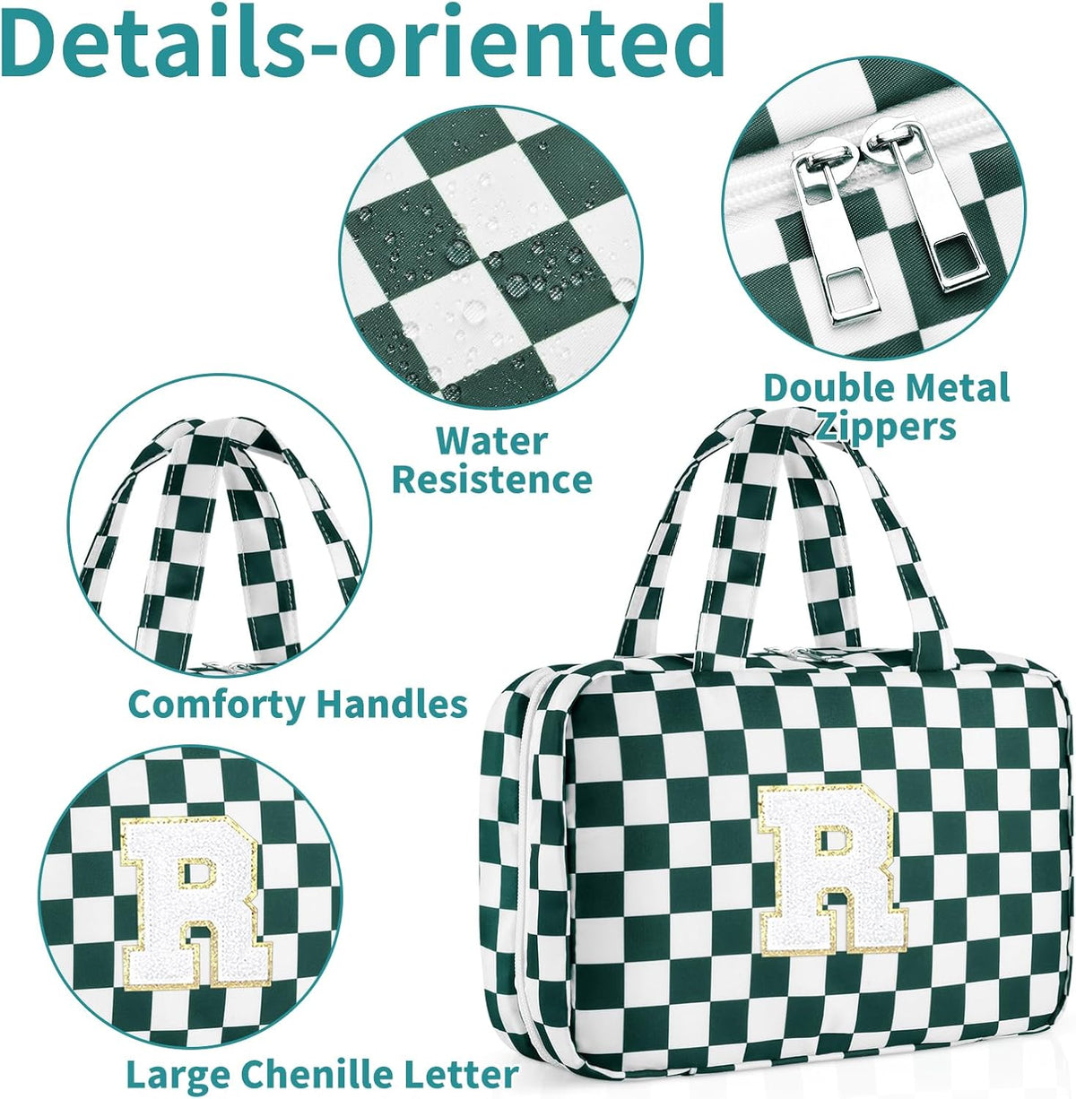 Personalized Initial Travel Hanging Toiletry Bag & Makeup Bag, Toiletry Pouch Organizer Bag for Travel Size Essentials, Cosmetics, Birthday Gifts for Women Teen Girls (Green Checkerboard, M)