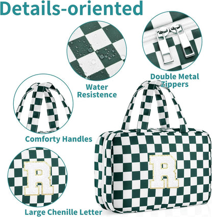 Personalized Initial Travel Hanging Toiletry Bag & Makeup Bag, Toiletry Pouch Organizer Bag for Travel Size Essentials, Cosmetics, Birthday Gifts for Women Teen Girls (Green Checkerboard, M)