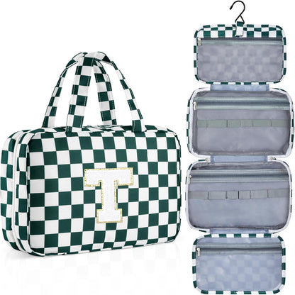 Personalized Initial Travel Hanging Toiletry Bag & Makeup Bag, Toiletry Pouch Organizer Bag for Travel Size Essentials, Cosmetics, Birthday Gifts for Women Teen Girls (Green Checkerboard, M)