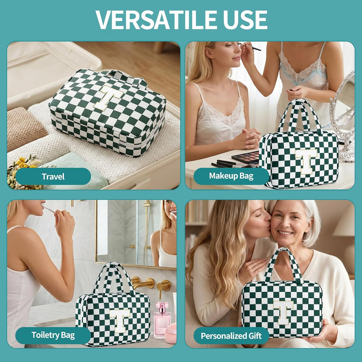 Personalized Initial Travel Hanging Toiletry Bag & Makeup Bag, Toiletry Pouch Organizer Bag for Travel Size Essentials, Cosmetics, Birthday Gifts for Women Teen Girls (Green Checkerboard, M)