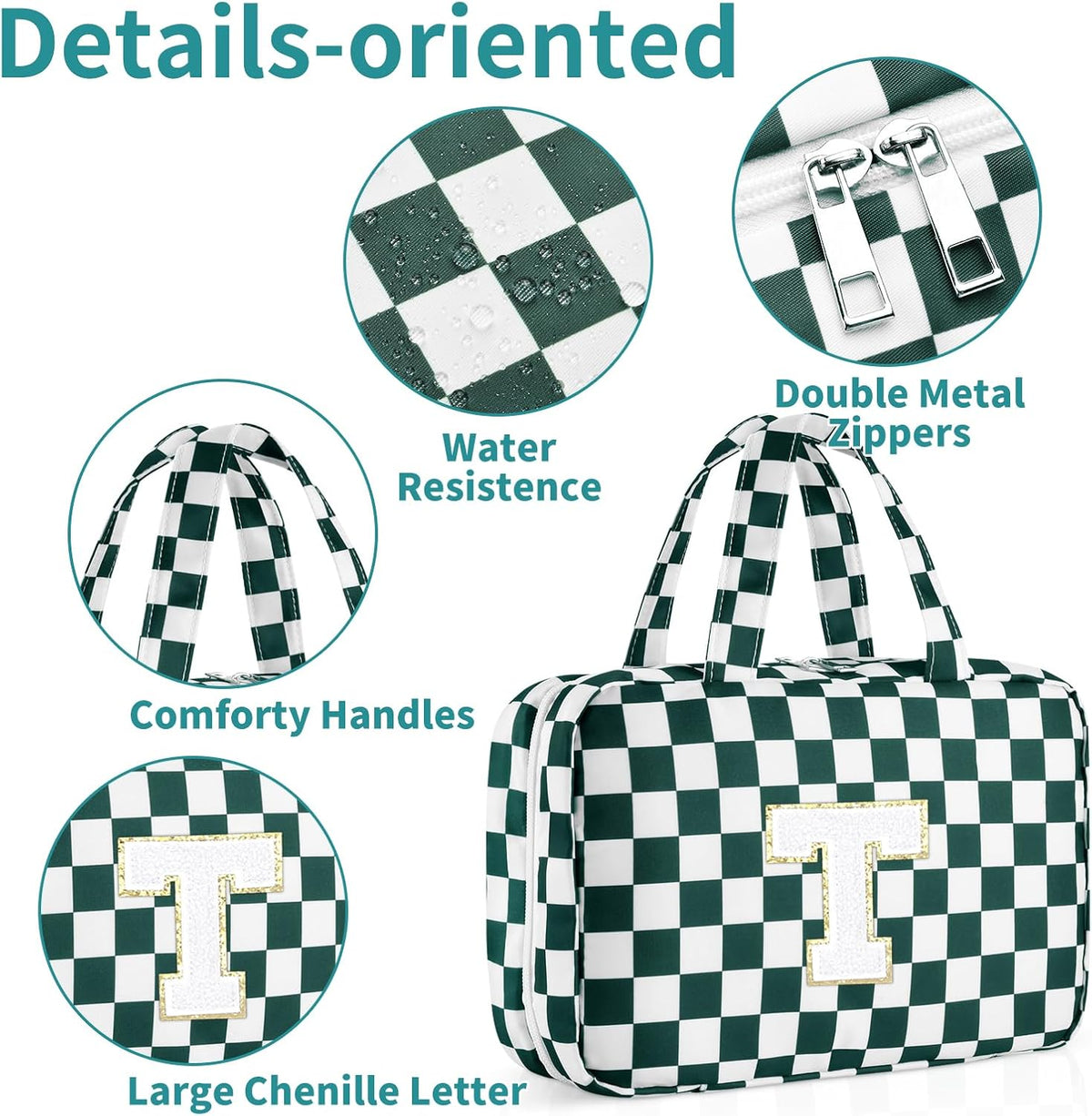 Personalized Initial Travel Hanging Toiletry Bag & Makeup Bag, Toiletry Pouch Organizer Bag for Travel Size Essentials, Cosmetics, Birthday Gifts for Women Teen Girls (Green Checkerboard, M)