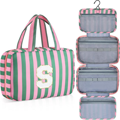 Personalized Initial Travel Hanging Toiletry Bag & Makeup Bag, Toiletry Pouch Organizer Bag for Travel Size Essentials, Cosmetics, Birthday Gifts for Women Teen Girls (Green Checkerboard, M)