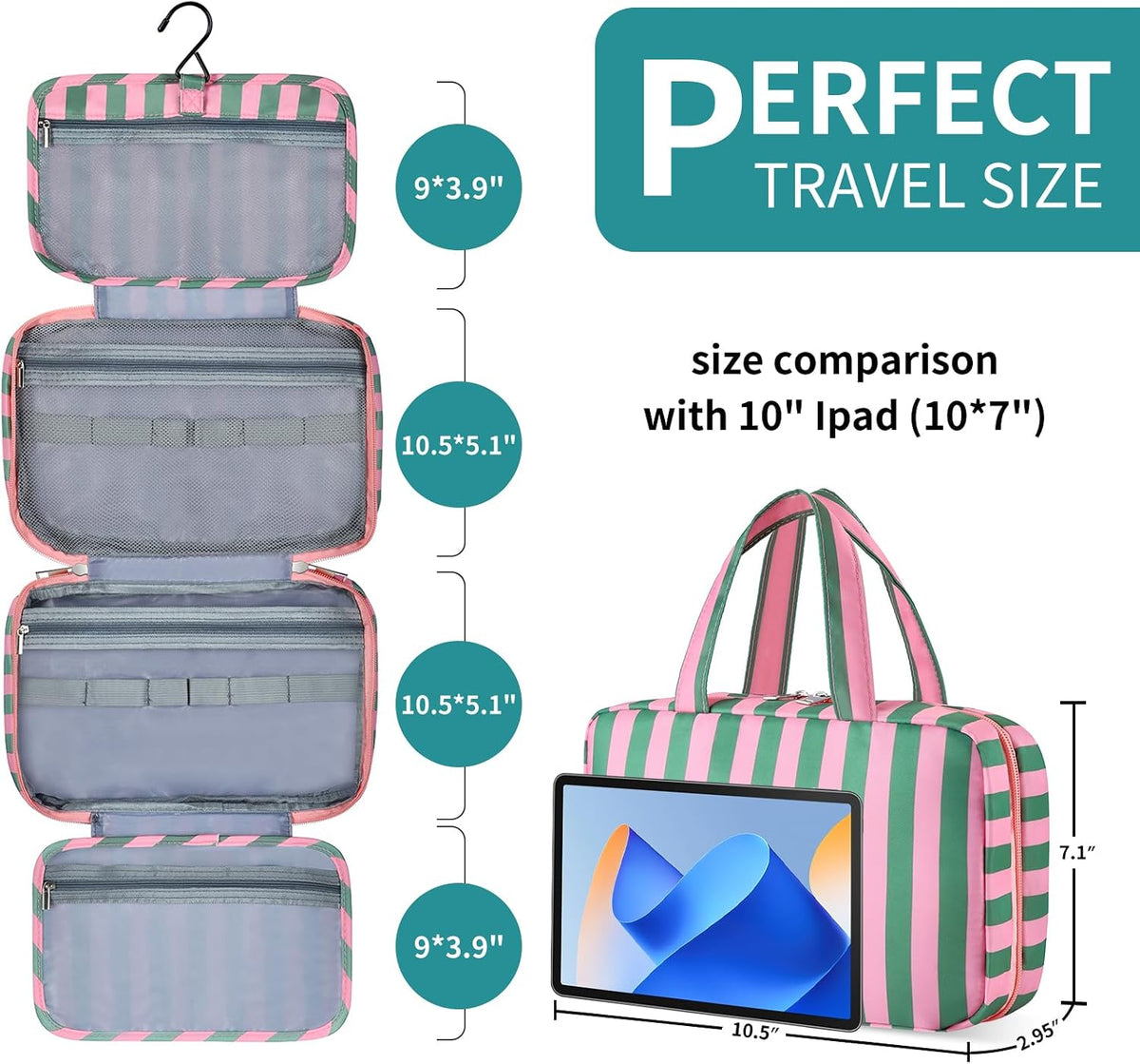 Personalized Initial Travel Hanging Toiletry Bag & Makeup Bag, Toiletry Pouch Organizer Bag for Travel Size Essentials, Cosmetics, Birthday Gifts for Women Teen Girls (Green Checkerboard, M)
