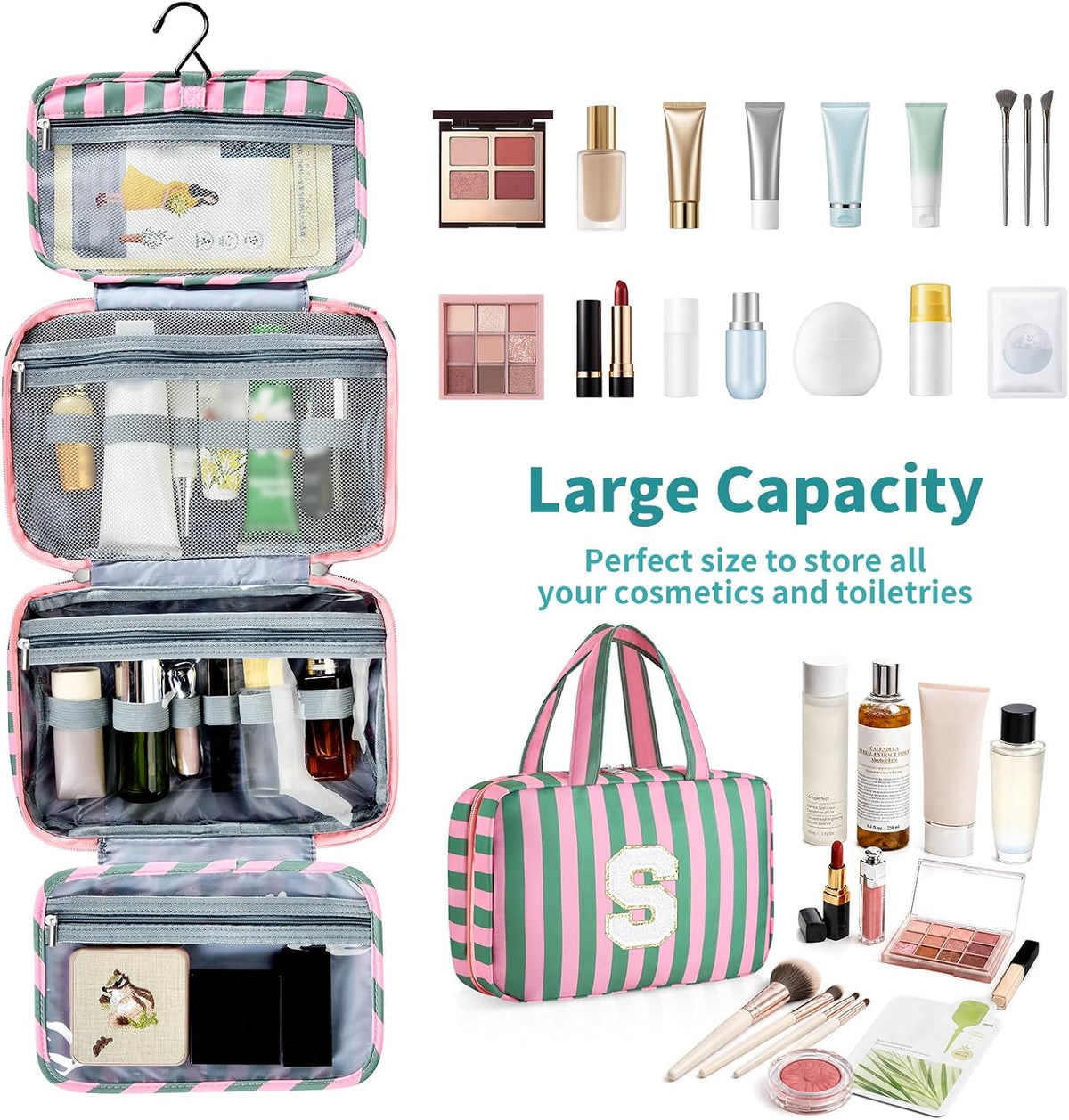 Personalized Initial Travel Hanging Toiletry Bag & Makeup Bag, Toiletry Pouch Organizer Bag for Travel Size Essentials, Cosmetics, Birthday Gifts for Women Teen Girls (Green Checkerboard, M)