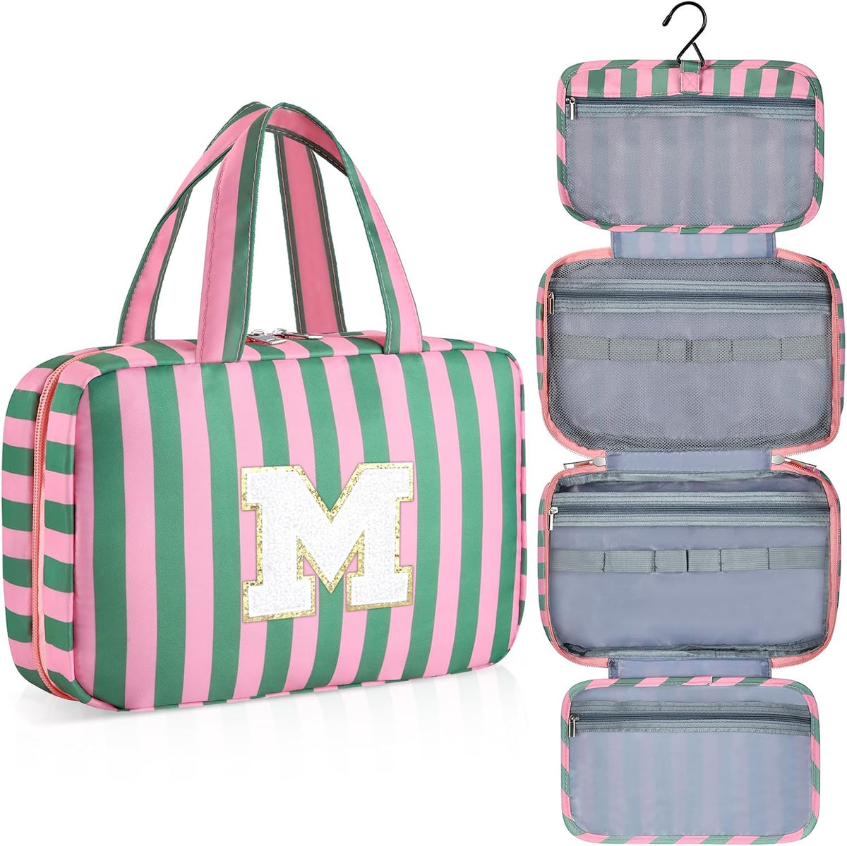 Personalized Initial Travel Hanging Toiletry Bag & Makeup Bag, Toiletry Pouch Organizer Bag for Travel Size Essentials, Cosmetics, Birthday Gifts for Women Teen Girls (Green Checkerboard, M)
