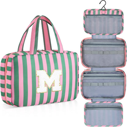 Personalized Initial Travel Hanging Toiletry Bag & Makeup Bag, Toiletry Pouch Organizer Bag for Travel Size Essentials, Cosmetics, Birthday Gifts for Women Teen Girls (Green Checkerboard, M)