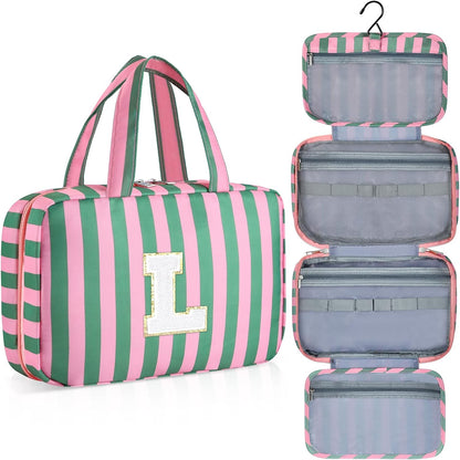 Personalized Initial Travel Hanging Toiletry Bag & Makeup Bag, Toiletry Pouch Organizer Bag for Travel Size Essentials, Cosmetics, Birthday Gifts for Women Teen Girls (Green Checkerboard, M)