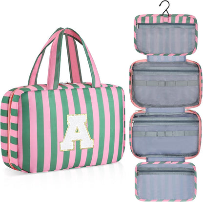 Personalized Initial Travel Hanging Toiletry Bag & Makeup Bag, Toiletry Pouch Organizer Bag for Travel Size Essentials, Cosmetics, Birthday Gifts for Women Teen Girls (Green Checkerboard, M)