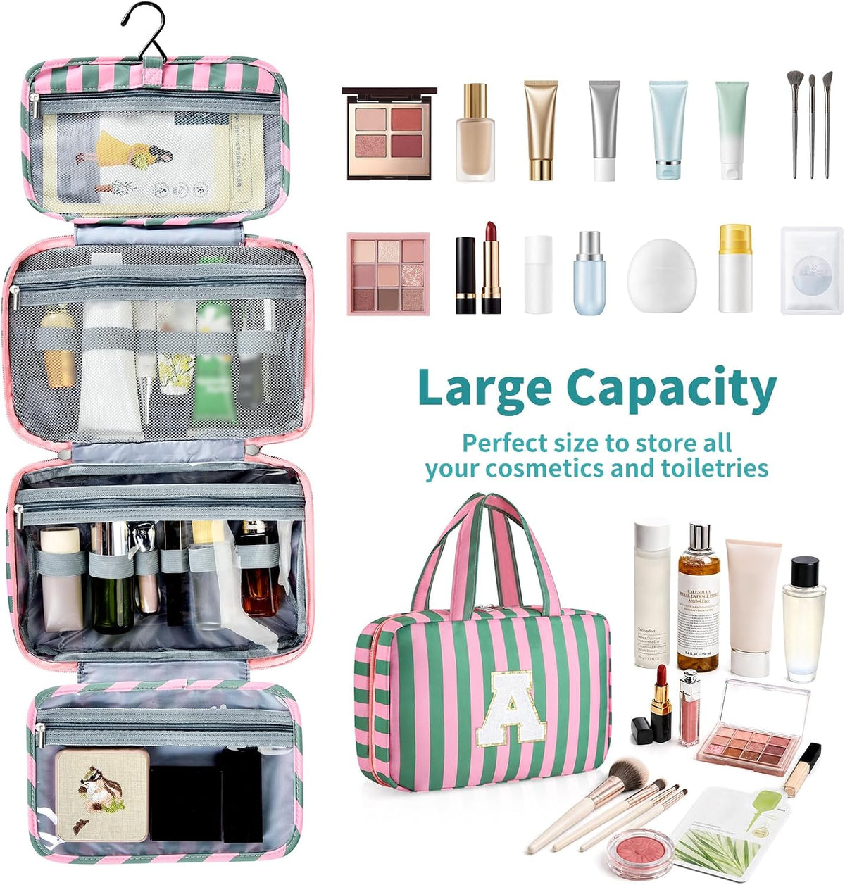 Personalized Initial Travel Hanging Toiletry Bag & Makeup Bag, Toiletry Pouch Organizer Bag for Travel Size Essentials, Cosmetics, Birthday Gifts for Women Teen Girls (Green Checkerboard, M)