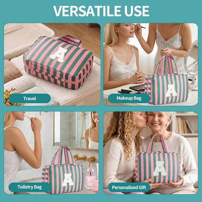 Personalized Initial Travel Hanging Toiletry Bag & Makeup Bag, Toiletry Pouch Organizer Bag for Travel Size Essentials, Cosmetics, Birthday Gifts for Women Teen Girls (Green Checkerboard, M)