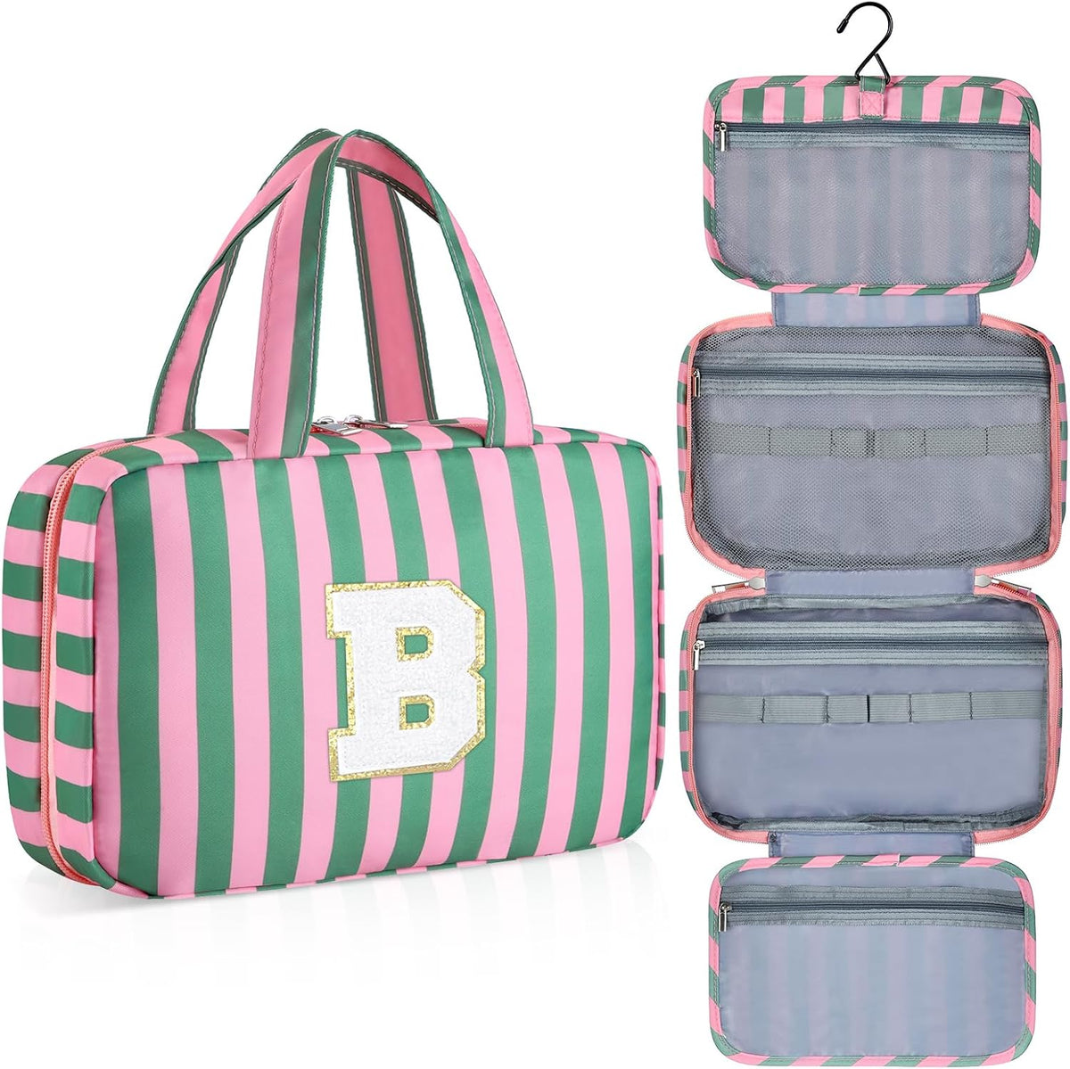 Personalized Initial Travel Hanging Toiletry Bag & Makeup Bag, Toiletry Pouch Organizer Bag for Travel Size Essentials, Cosmetics, Birthday Gifts for Women Teen Girls (Green Checkerboard, M)