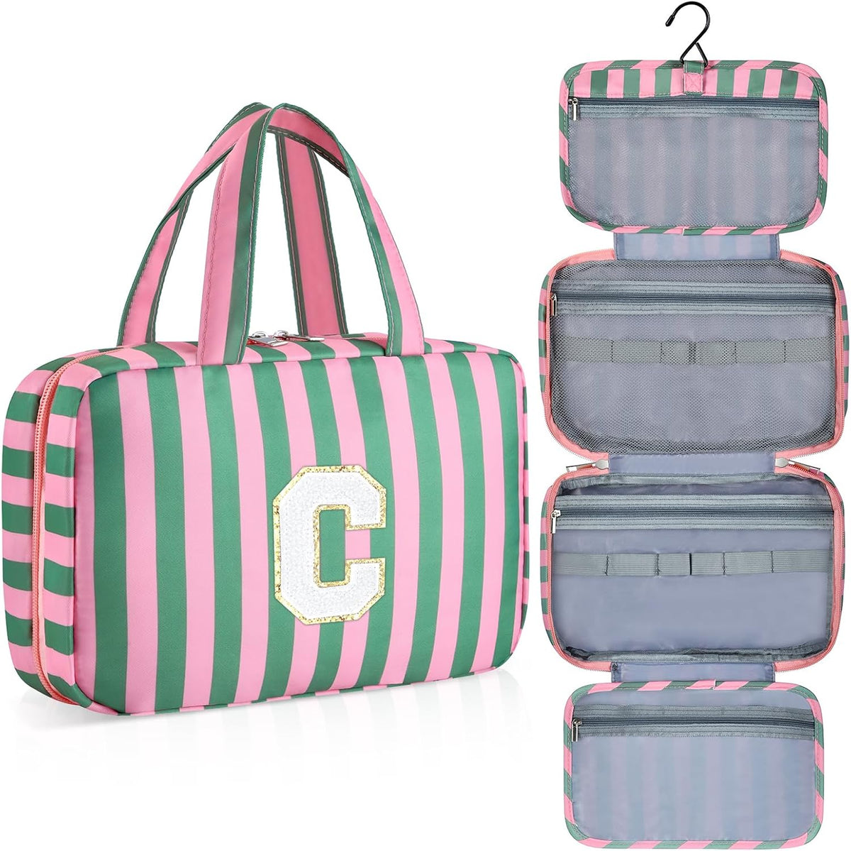 Personalized Initial Travel Hanging Toiletry Bag & Makeup Bag, Toiletry Pouch Organizer Bag for Travel Size Essentials, Cosmetics, Birthday Gifts for Women Teen Girls (Green Checkerboard, M)
