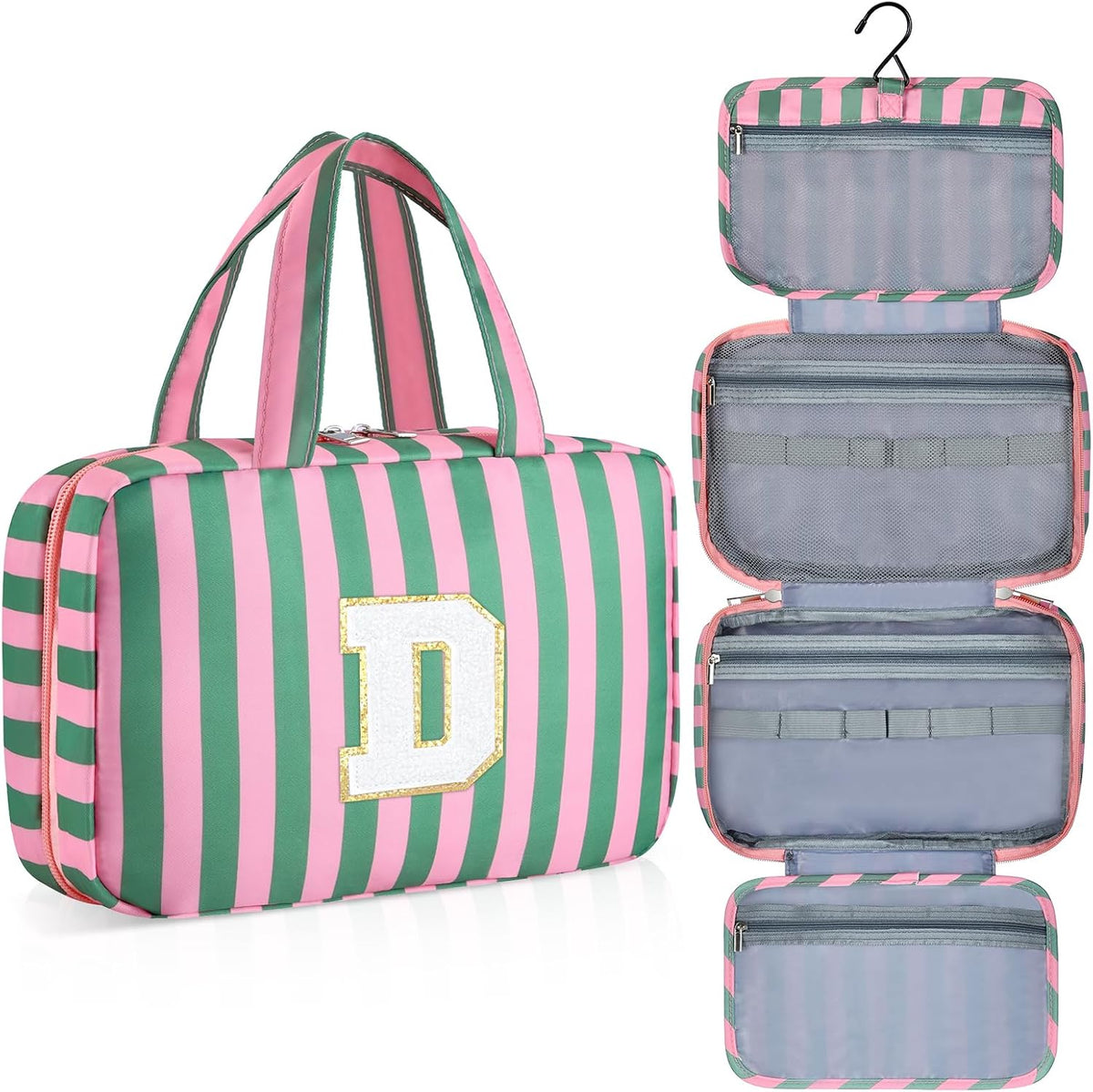 Personalized Initial Travel Hanging Toiletry Bag & Makeup Bag, Toiletry Pouch Organizer Bag for Travel Size Essentials, Cosmetics, Birthday Gifts for Women Teen Girls (Green Checkerboard, M)