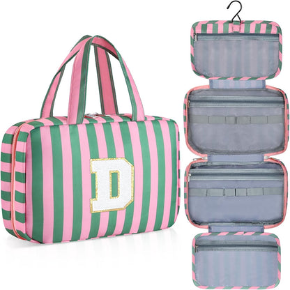 Personalized Initial Travel Hanging Toiletry Bag & Makeup Bag, Toiletry Pouch Organizer Bag for Travel Size Essentials, Cosmetics, Birthday Gifts for Women Teen Girls (Green Checkerboard, M)