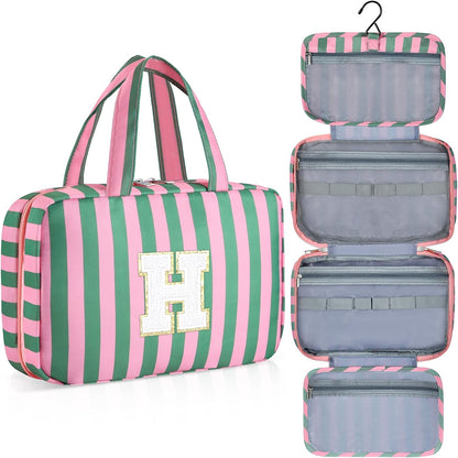 Personalized Initial Travel Hanging Toiletry Bag & Makeup Bag, Toiletry Pouch Organizer Bag for Travel Size Essentials, Cosmetics, Birthday Gifts for Women Teen Girls (Green Checkerboard, M)