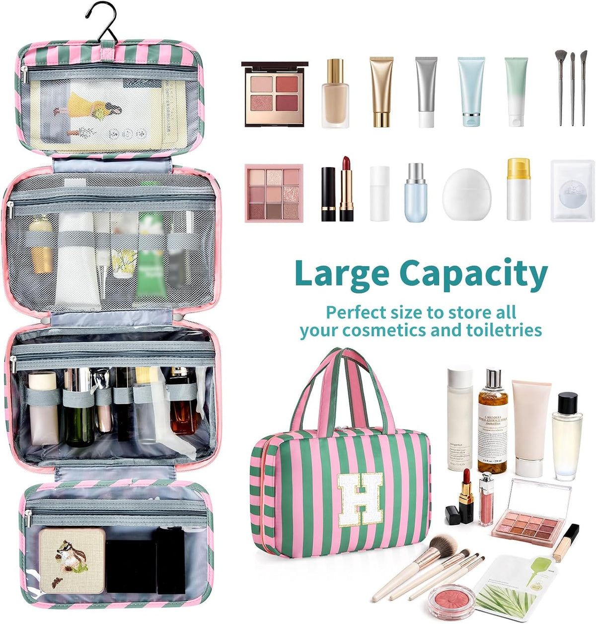 Personalized Initial Travel Hanging Toiletry Bag & Makeup Bag, Toiletry Pouch Organizer Bag for Travel Size Essentials, Cosmetics, Birthday Gifts for Women Teen Girls (Green Checkerboard, M)