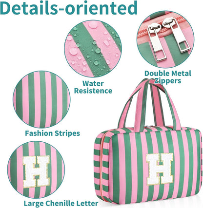Personalized Initial Travel Hanging Toiletry Bag & Makeup Bag, Toiletry Pouch Organizer Bag for Travel Size Essentials, Cosmetics, Birthday Gifts for Women Teen Girls (Green Checkerboard, M)