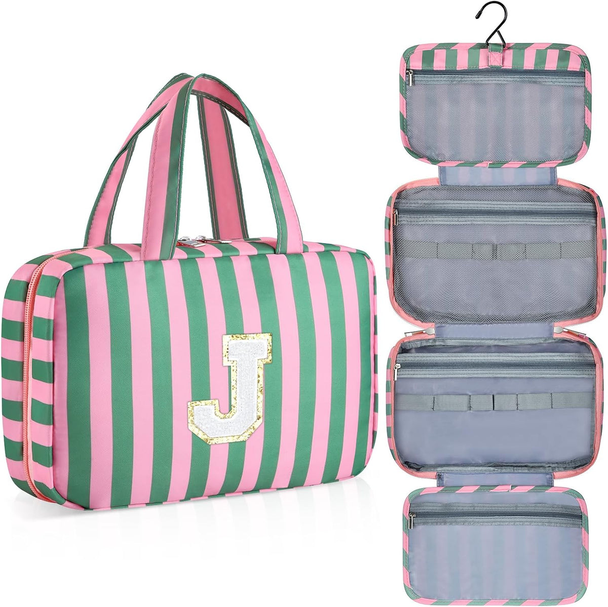 Personalized Initial Travel Hanging Toiletry Bag & Makeup Bag, Toiletry Pouch Organizer Bag for Travel Size Essentials, Cosmetics, Birthday Gifts for Women Teen Girls (Green Checkerboard, M)