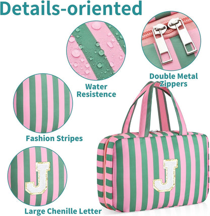 Personalized Initial Travel Hanging Toiletry Bag & Makeup Bag, Toiletry Pouch Organizer Bag for Travel Size Essentials, Cosmetics, Birthday Gifts for Women Teen Girls (Green Checkerboard, M)