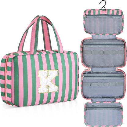 Personalized Initial Travel Hanging Toiletry Bag & Makeup Bag, Toiletry Pouch Organizer Bag for Travel Size Essentials, Cosmetics, Birthday Gifts for Women Teen Girls (Green Checkerboard, M)