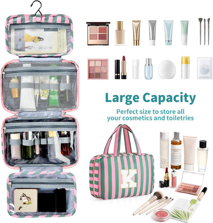 Personalized Initial Travel Hanging Toiletry Bag & Makeup Bag, Toiletry Pouch Organizer Bag for Travel Size Essentials, Cosmetics, Birthday Gifts for Women Teen Girls (Green Checkerboard, M)