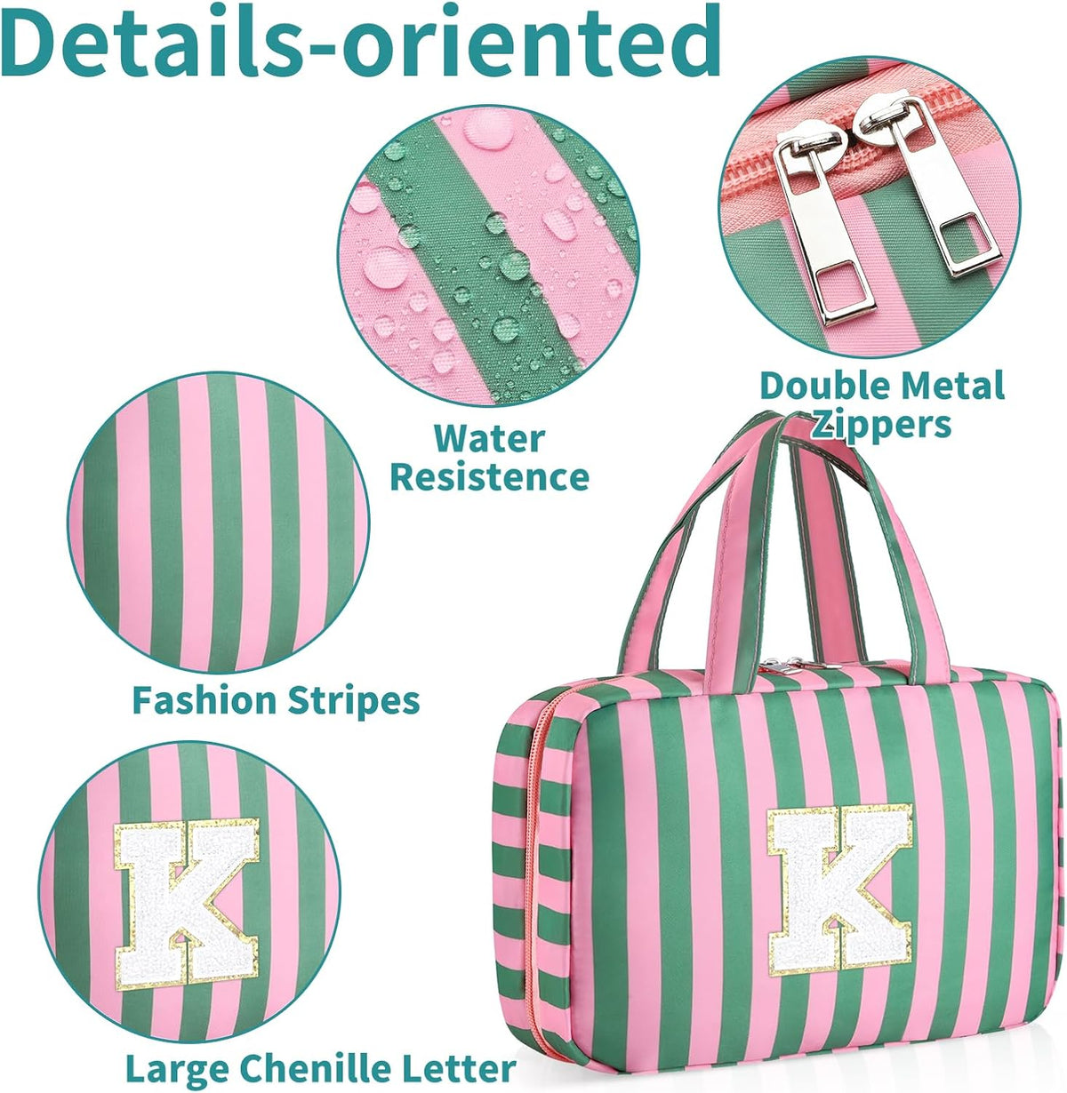 Personalized Initial Travel Hanging Toiletry Bag & Makeup Bag, Toiletry Pouch Organizer Bag for Travel Size Essentials, Cosmetics, Birthday Gifts for Women Teen Girls (Green Checkerboard, M)
