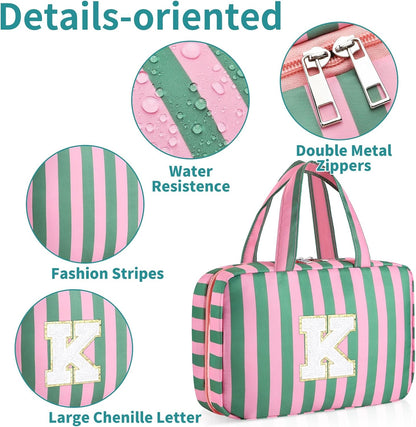Personalized Initial Travel Hanging Toiletry Bag & Makeup Bag, Toiletry Pouch Organizer Bag for Travel Size Essentials, Cosmetics, Birthday Gifts for Women Teen Girls (Green Checkerboard, M)