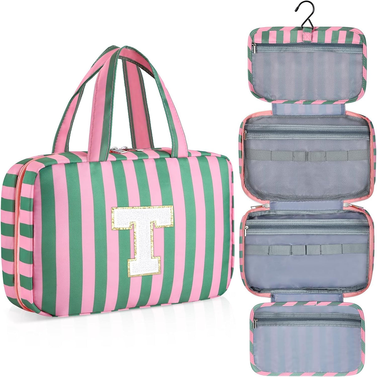 Personalized Initial Travel Hanging Toiletry Bag & Makeup Bag, Toiletry Pouch Organizer Bag for Travel Size Essentials, Cosmetics, Birthday Gifts for Women Teen Girls (Green Checkerboard, M)