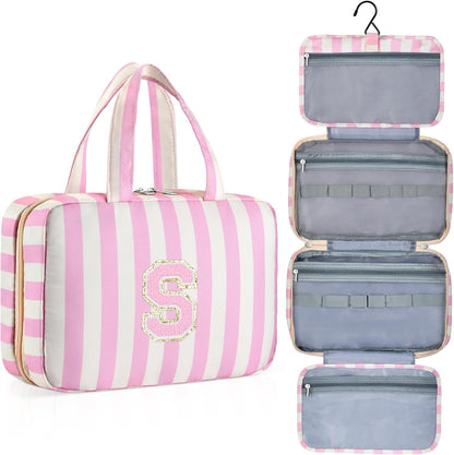 Personalized Initial Travel Hanging Toiletry Bag & Makeup Bag, Toiletry Pouch Organizer Bag for Travel Size Essentials, Cosmetics, Birthday Gifts for Women Teen Girls (Green Checkerboard, M)