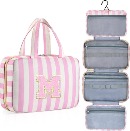 Personalized Initial Travel Hanging Toiletry Bag & Makeup Bag, Toiletry Pouch Organizer Bag for Travel Size Essentials, Cosmetics, Birthday Gifts for Women Teen Girls (Green Checkerboard, M)