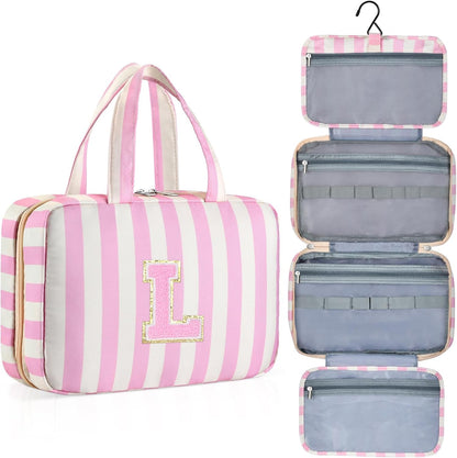 Personalized Initial Travel Hanging Toiletry Bag & Makeup Bag, Toiletry Pouch Organizer Bag for Travel Size Essentials, Cosmetics, Birthday Gifts for Women Teen Girls (Green Checkerboard, M)