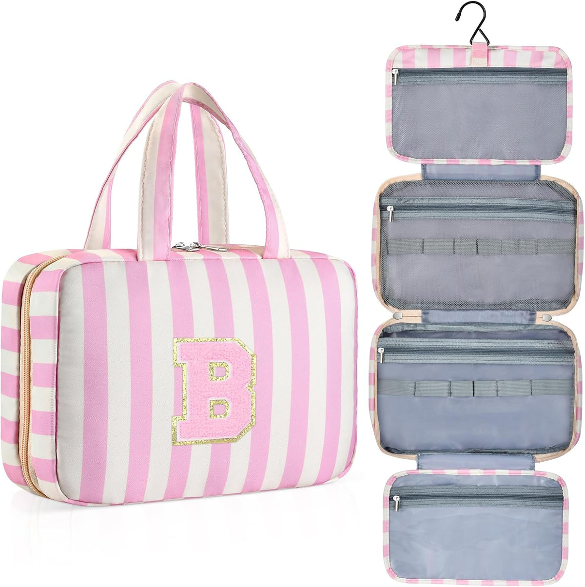 Personalized Initial Travel Hanging Toiletry Bag & Makeup Bag, Toiletry Pouch Organizer Bag for Travel Size Essentials, Cosmetics, Birthday Gifts for Women Teen Girls (Green Checkerboard, M)