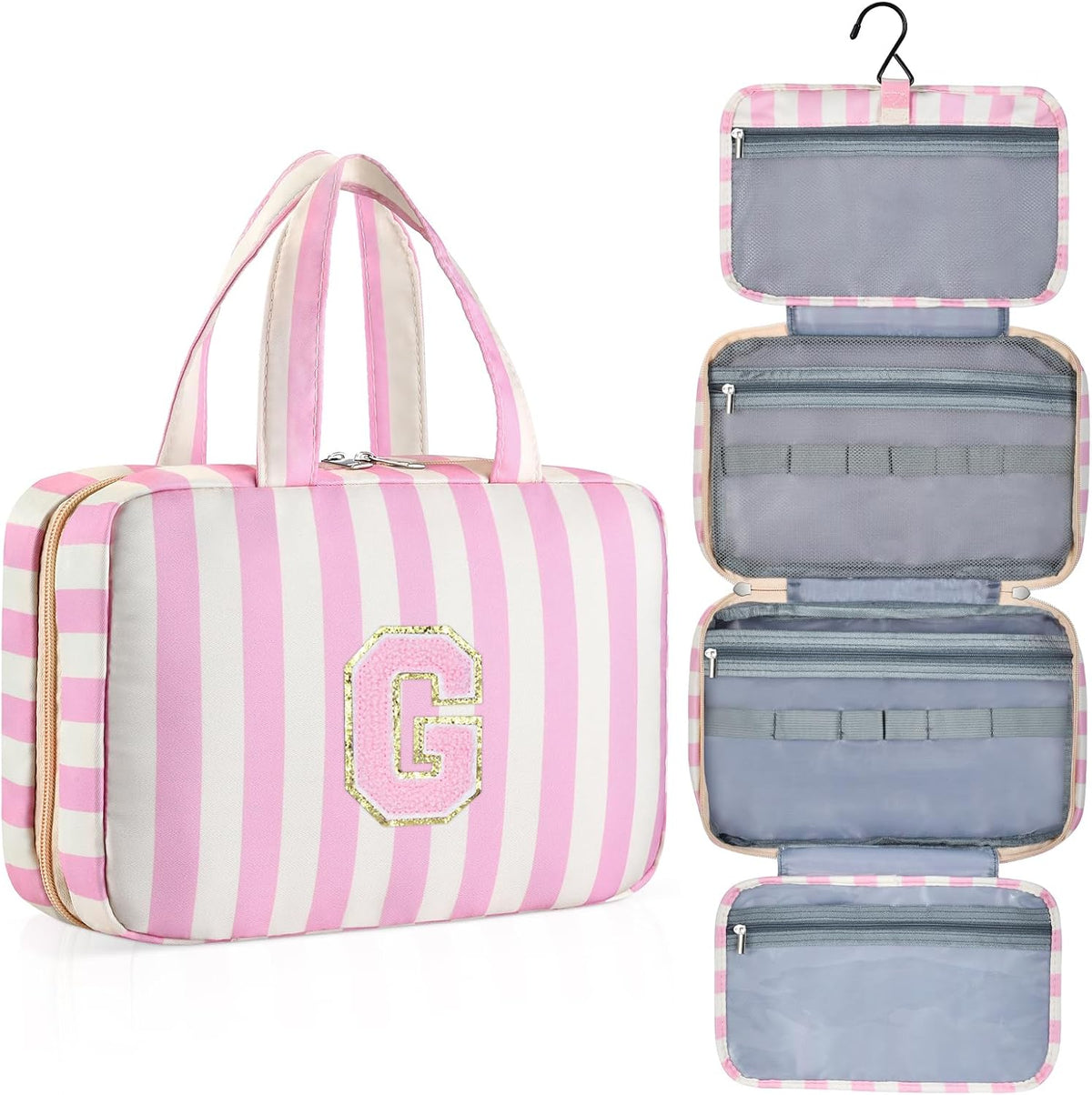 Personalized Initial Travel Hanging Toiletry Bag & Makeup Bag, Toiletry Pouch Organizer Bag for Travel Size Essentials, Cosmetics, Birthday Gifts for Women Teen Girls (Green Checkerboard, M)
