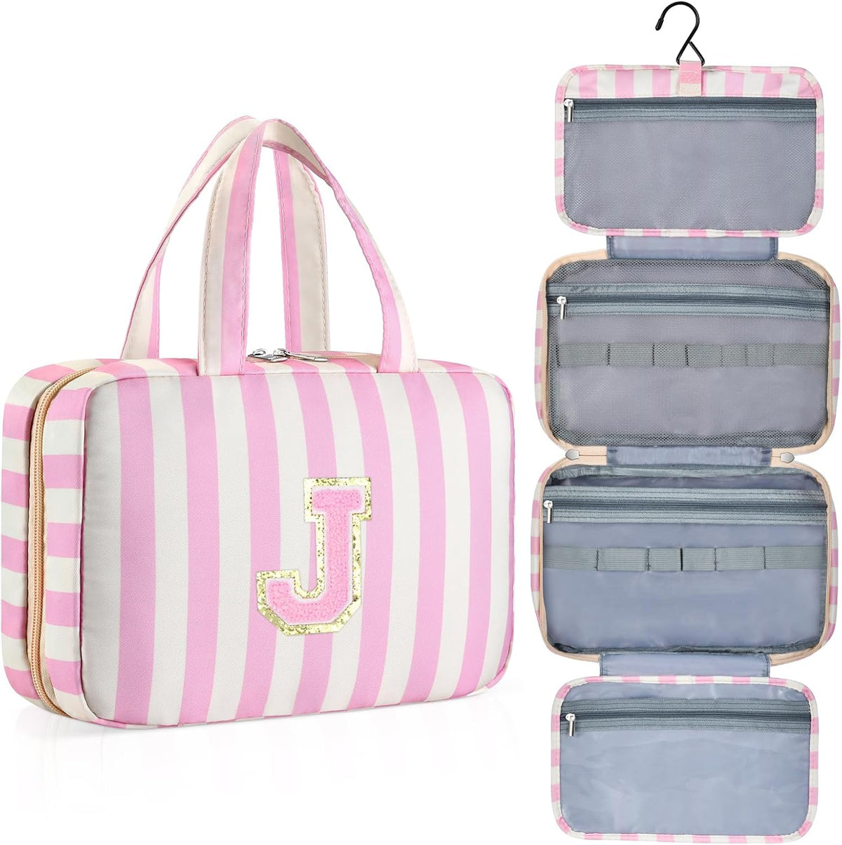 Personalized Initial Travel Hanging Toiletry Bag & Makeup Bag, Toiletry Pouch Organizer Bag for Travel Size Essentials, Cosmetics, Birthday Gifts for Women Teen Girls (Green Checkerboard, M)