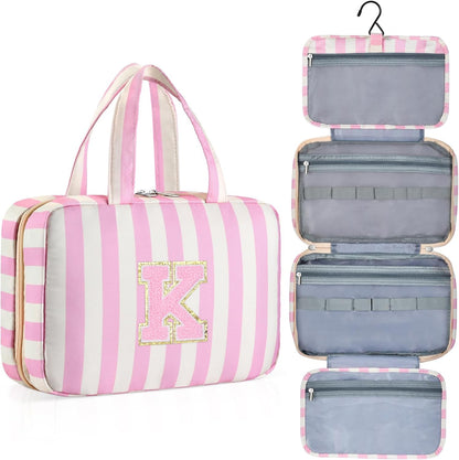 Personalized Initial Travel Hanging Toiletry Bag & Makeup Bag, Toiletry Pouch Organizer Bag for Travel Size Essentials, Cosmetics, Birthday Gifts for Women Teen Girls (Green Checkerboard, M)