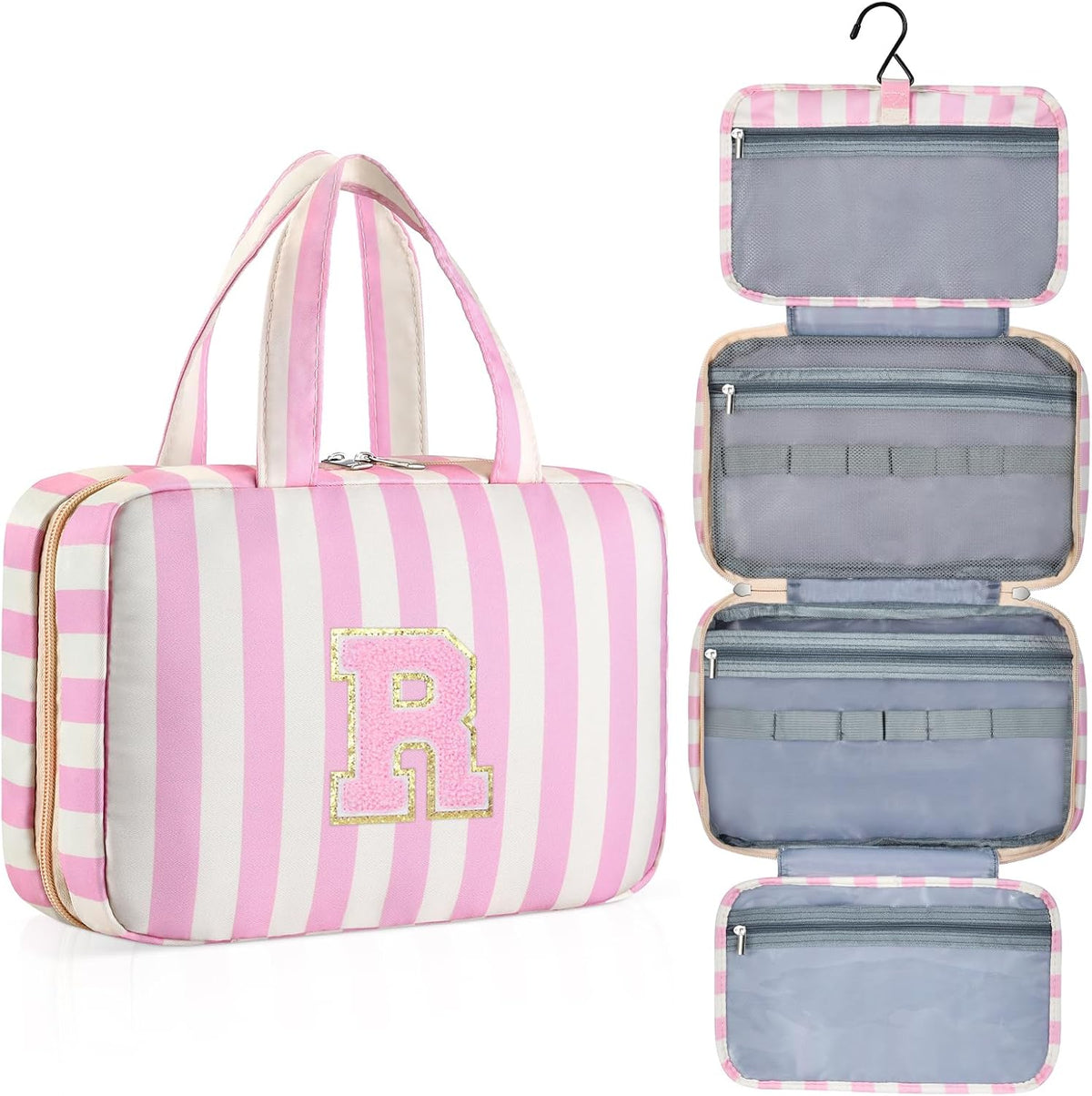 Personalized Initial Travel Hanging Toiletry Bag & Makeup Bag, Toiletry Pouch Organizer Bag for Travel Size Essentials, Cosmetics, Birthday Gifts for Women Teen Girls (Green Checkerboard, M)