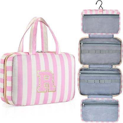 Personalized Initial Travel Hanging Toiletry Bag & Makeup Bag, Toiletry Pouch Organizer Bag for Travel Size Essentials, Cosmetics, Birthday Gifts for Women Teen Girls (Green Checkerboard, M)