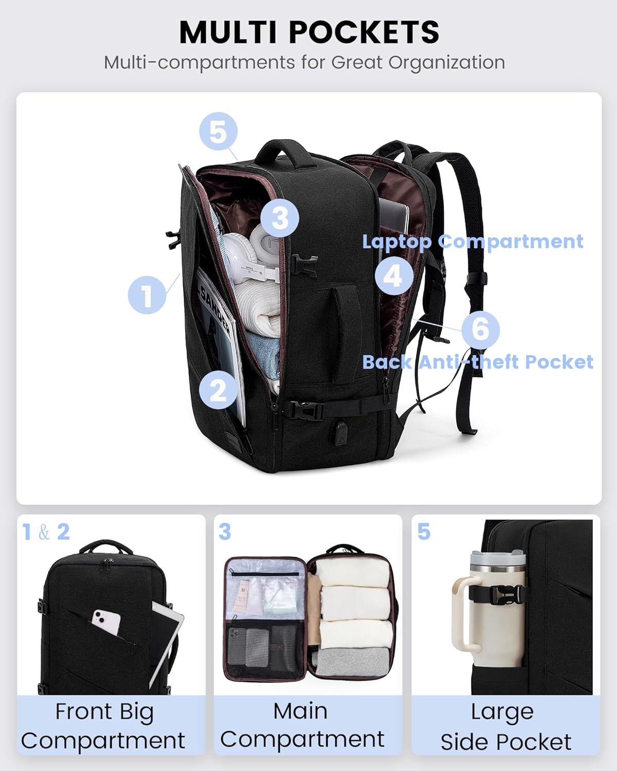 Travel Carry on Backpack for Men Women,Expandable 40L Extra Large Travel Laptop Backpack,Water Resistant Durable TSA Airline Approved Business College Carry on Bag Fit 17 Inch Computer,3 Pcs