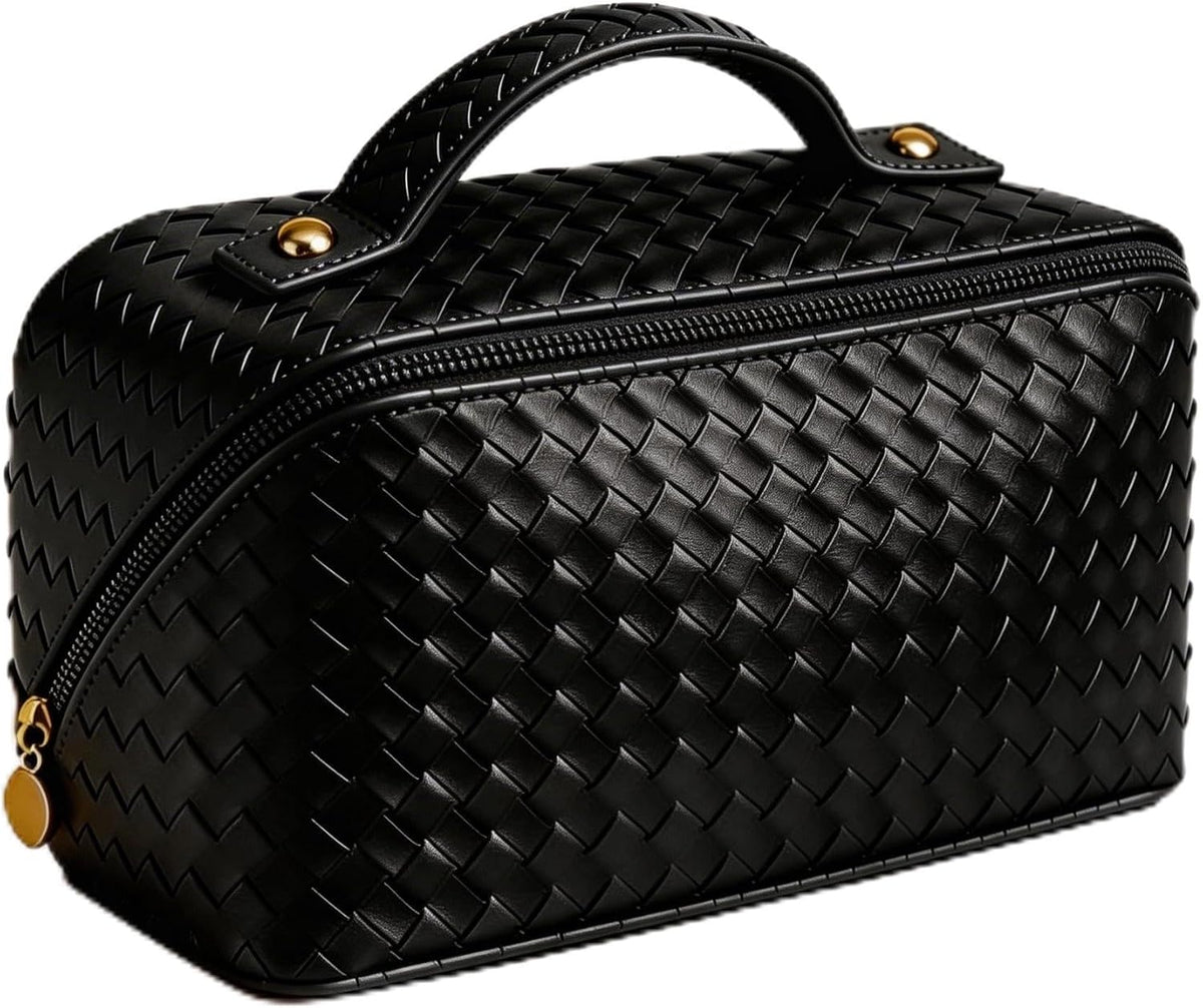 Travel Makeup Bag for Women: Large Capacity Waterproof PU Leather Case Easy to Care Open Flat Portable Pouch Cosmetic Make Up Toiletry Organizers for Travel Essentials (Black)